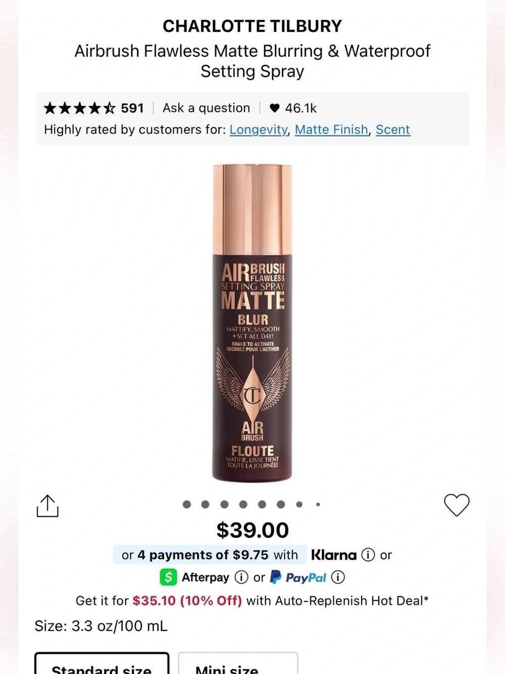 Charlotte tilbury airbrush flawless matte blurring & waterproof setting spray